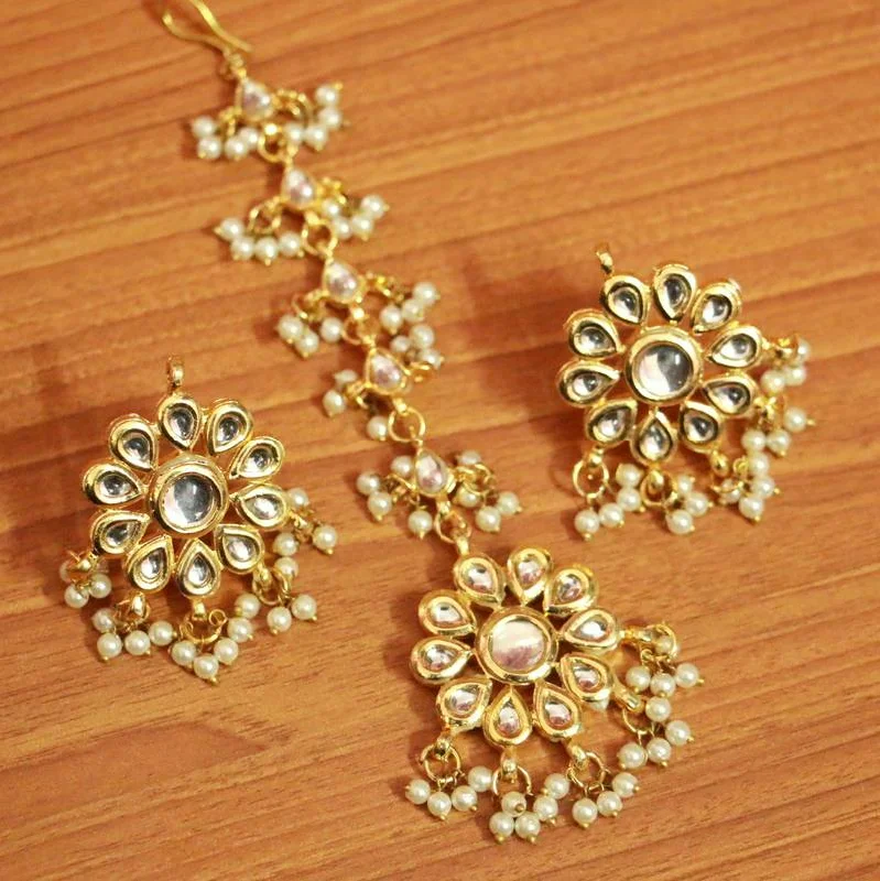 luxurious gold earrings for women -Pearl Kundan Meenakari Tikka With Earrings