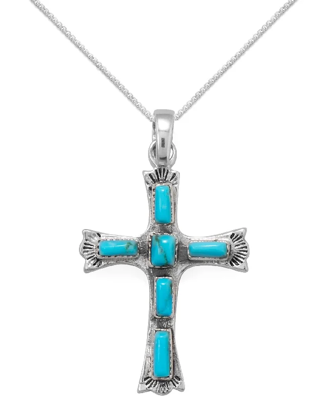 layered gold necklaces for women -Reconstituted Turquoise Fleuree Cross Necklace Sterling Silver with Rope Chain