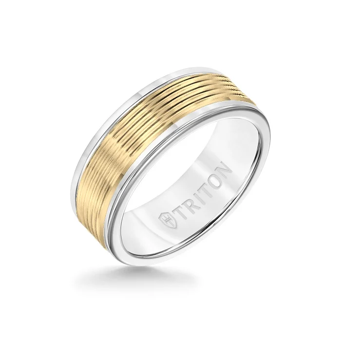 personalized diamond rings -8MM White Tungsten Carbide Ring - Serrated Engraved 14K Yellow Insert with Round Edge