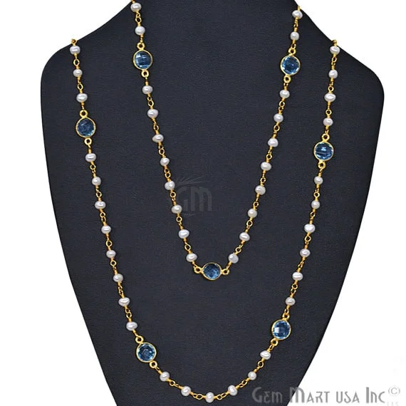 delicate necklaces for women -Pearl Necklace With Blue Topaz Chain, 30 Inch Gold Plated Beaded Finished Necklace