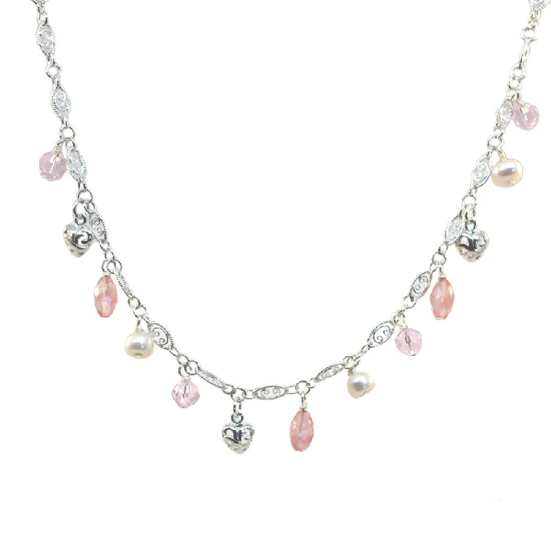 wedding necklaces for women -Charm Necklace with Pink Crystal, Cultured Pearls, Cherry Glass and Heart Drops