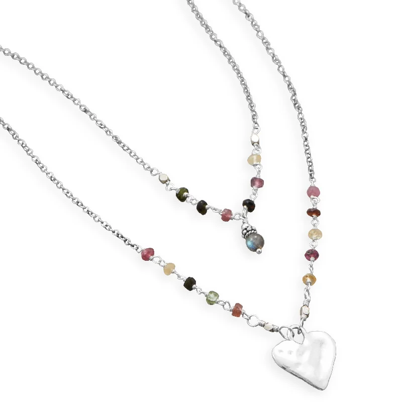 personalized necklace pendants for women -Tourmaline Double Strand Necklace with Labradorite and Heart Drop