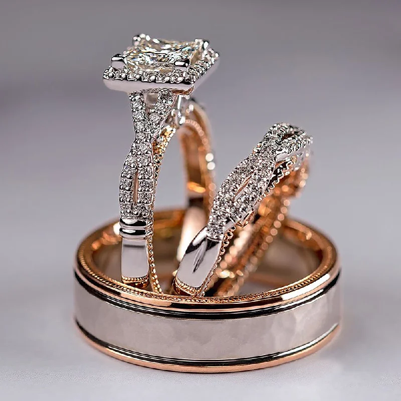 oval rings for women -Luxury Princess Cut Cubic Zircon Bridal 3Pc Elegant Brilliant Ring Set