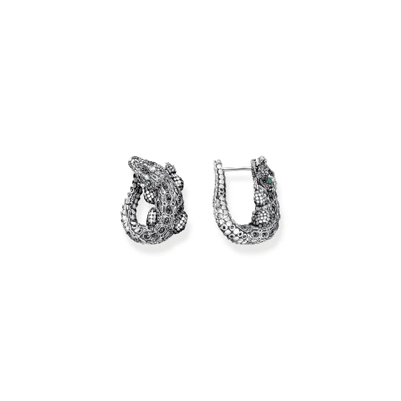 gemstone stud earrings for women -THOMAS SABO Hoop Earrings Crocodile with Stones Silver Blackened