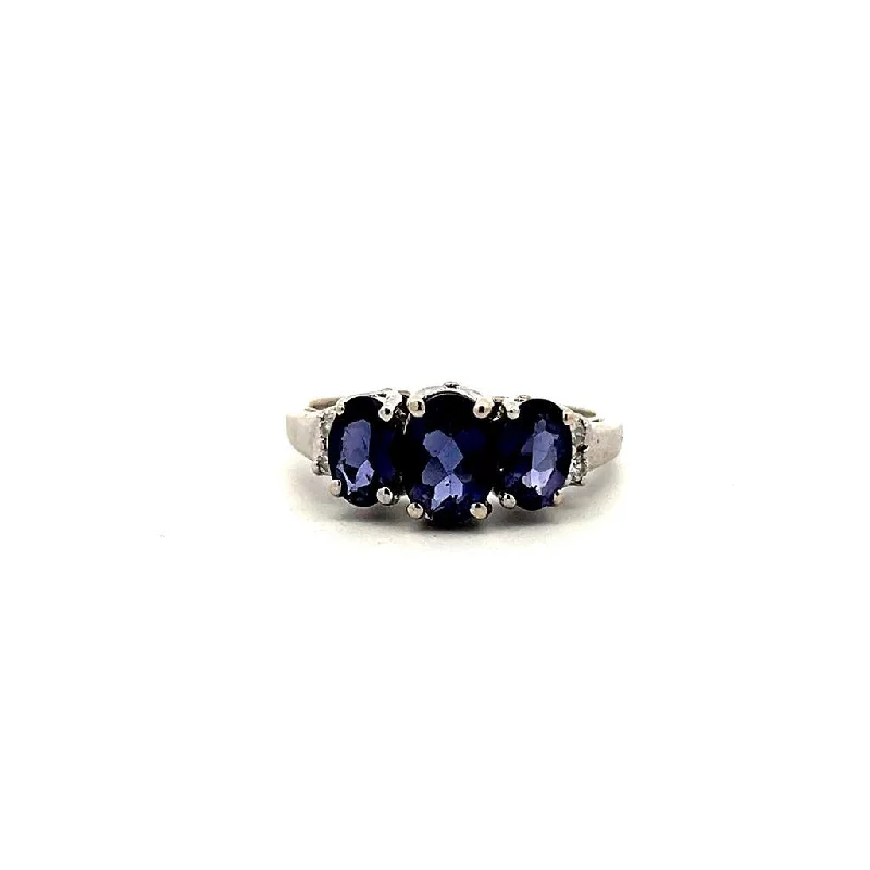 heart-shaped rings for women -Estate 14K White Gold 1.39ctw Oval Iolite & Diamond Three Stone Ring