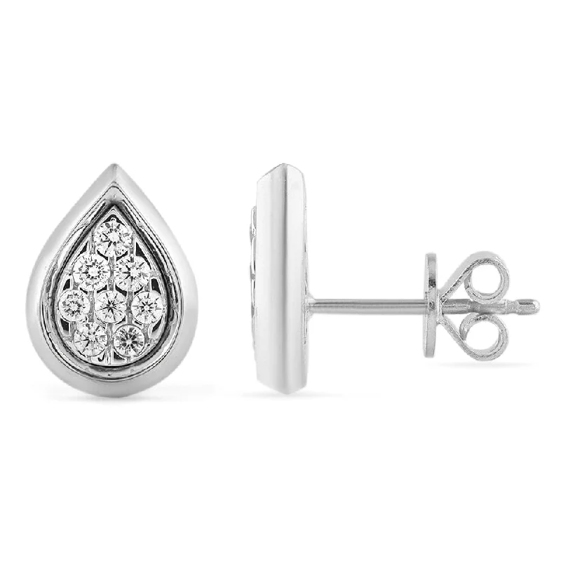 modern hoop earrings for women -Bezel Set Pear shaped Stud Earrings with 0.10ct of Diamonds in Sterling Silver