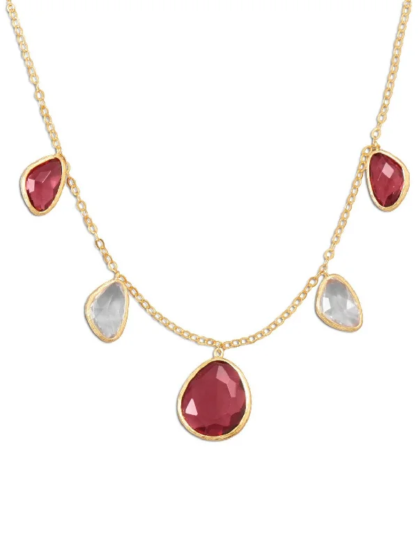 crystal drop necklaces for women -Red and Clear Faceted Glass Necklace Gold-plated Sterling Silver