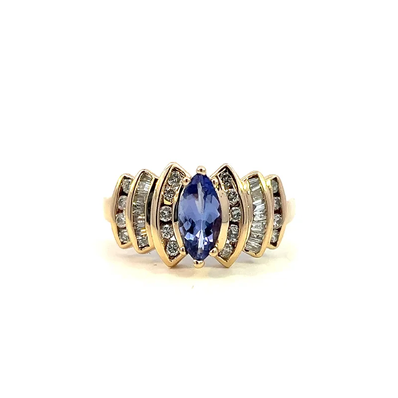 personalized rings for women -Estate 14K Yellow Gold Marquise Tanzanite & Diamond Multi Row Ring