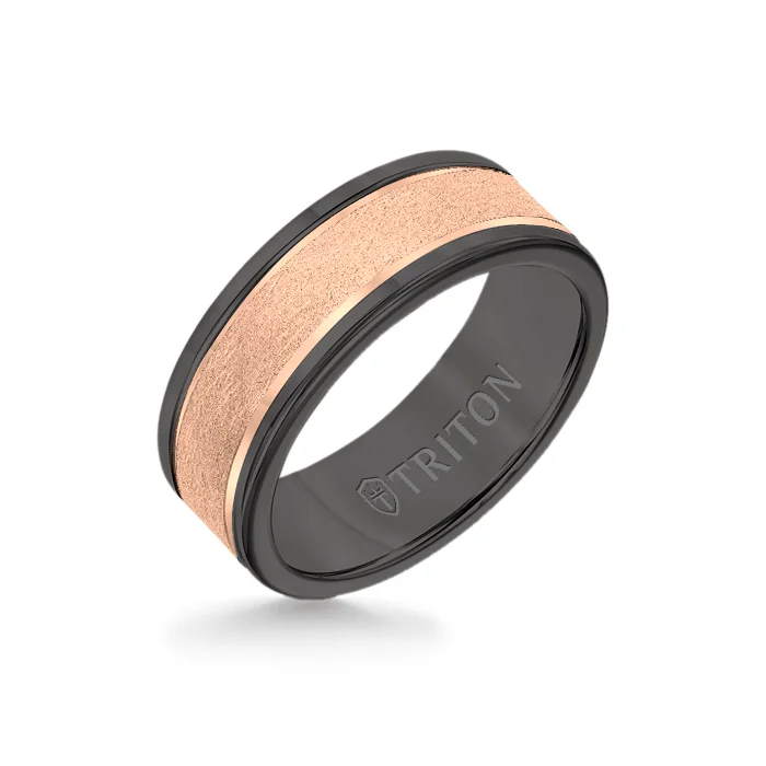 opal rings for women -8MM Black Tungsten Carbide Ring - Crystalline 14K Rose Gold Insert with Round Edge