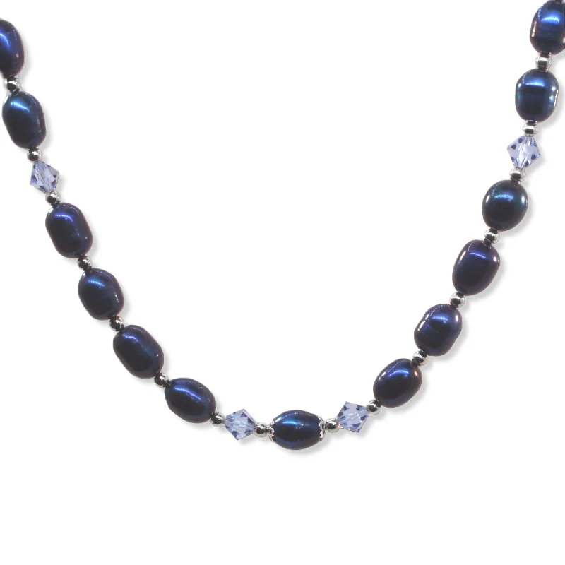 modern gemstone necklaces for women -Dark Blue Dyed Cultured Freshwater Pearl Necklace with Swarovski(R) Crystals