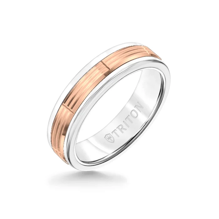 unique rings for women -6MM White Tungsten Carbide Ring - Serrated Vertical Cut 14K Rose Gold Insert with Round Edge