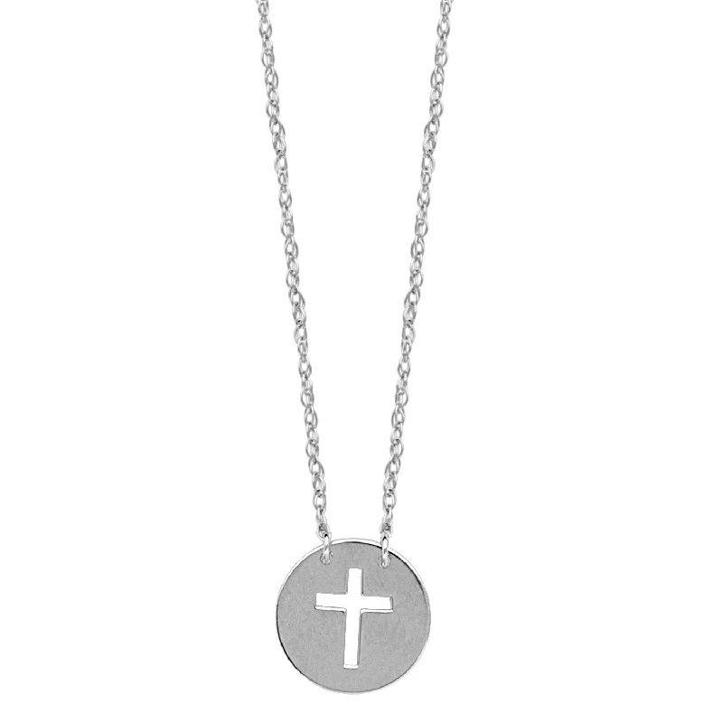 wedding necklaces for women -14k White Gold Cut-out Cross Disk Necklace on Rope Chain Adjustable Length - So You