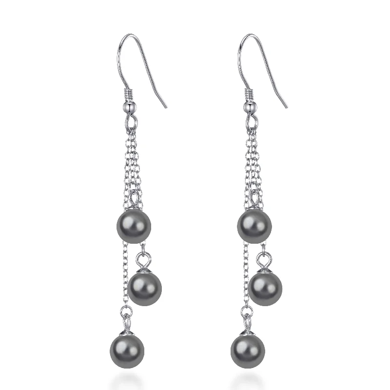 boho earrings for women -Sterling Silver Triple Dark Grey Pearl Drop Earrings