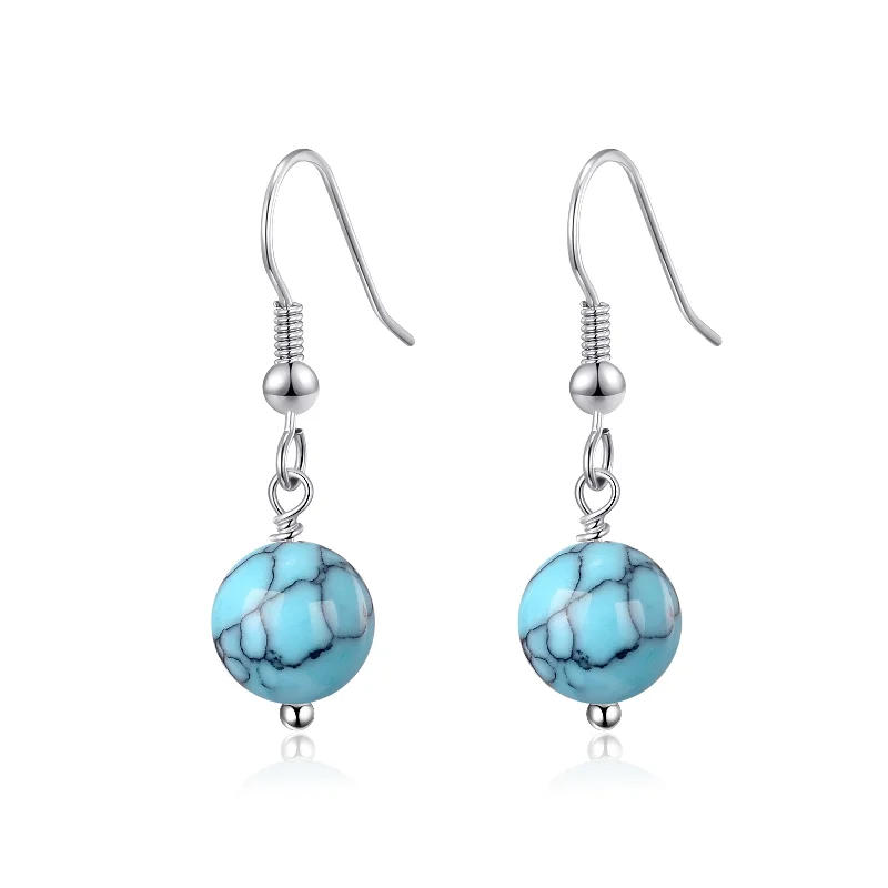 luxury drop earrings for women -Synthetic Turquoise Gemstone Round Drop Earrings