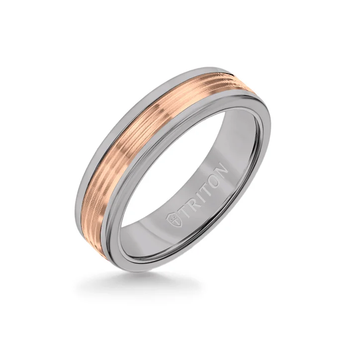 contemporary rings for women -6MM Grey Tungsten Carbide Ring - Serrated Engraved 14K Rose Gold Insert with Round Edge