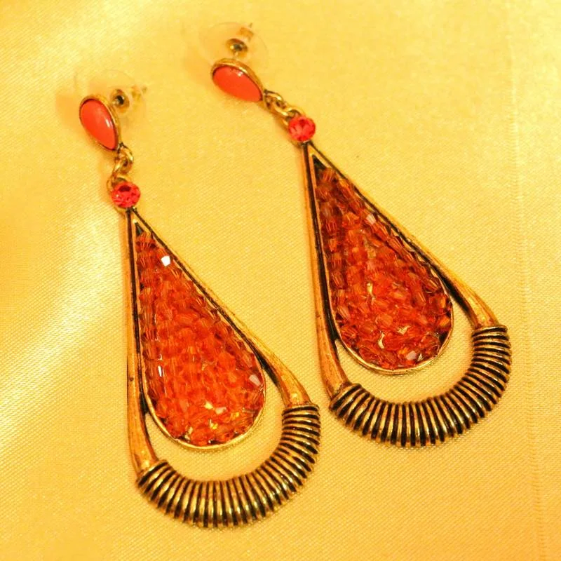 bridal hoop earrings for women -Orange Colour Gold Plated Antique Fashion Earrings