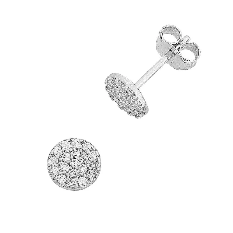 trendy earrings for women -Sterling Silver Cubic Zirconia Pave Disc Stud Earrings