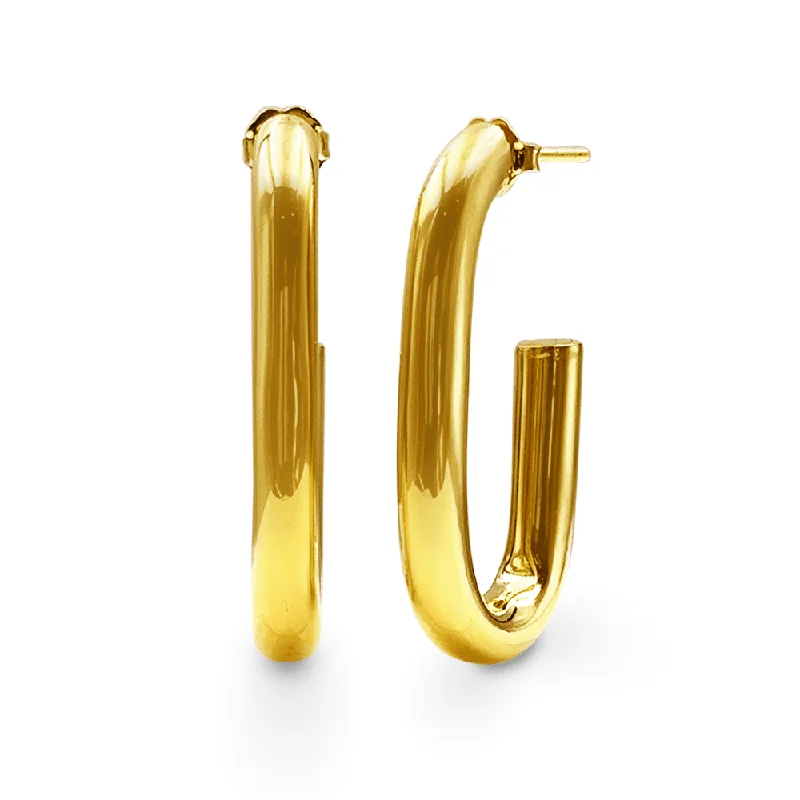 chic earrings for women -9ct Yellow Gold Silver Infused Open Back Tube Oval Hoop Earrings