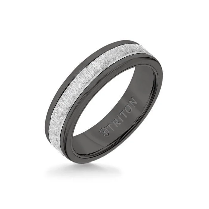 infinity rings for women -6MM Black Tungsten Carbide Ring - Vertical Satin 14K White Gold Insert with Round Edge