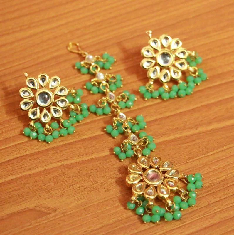 diamond stud earrings for women -Green Crystal Kundan Meenakari Tikka With Earrings