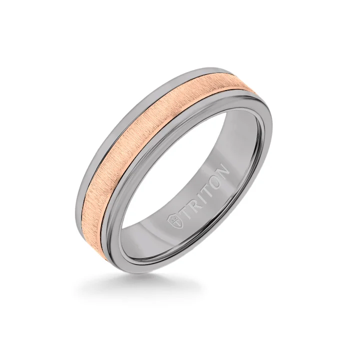 dainty rings for women -6MM Grey Tungsten Carbide Ring - Vertical Satin 14K Rose Gold Insert with Round Edge