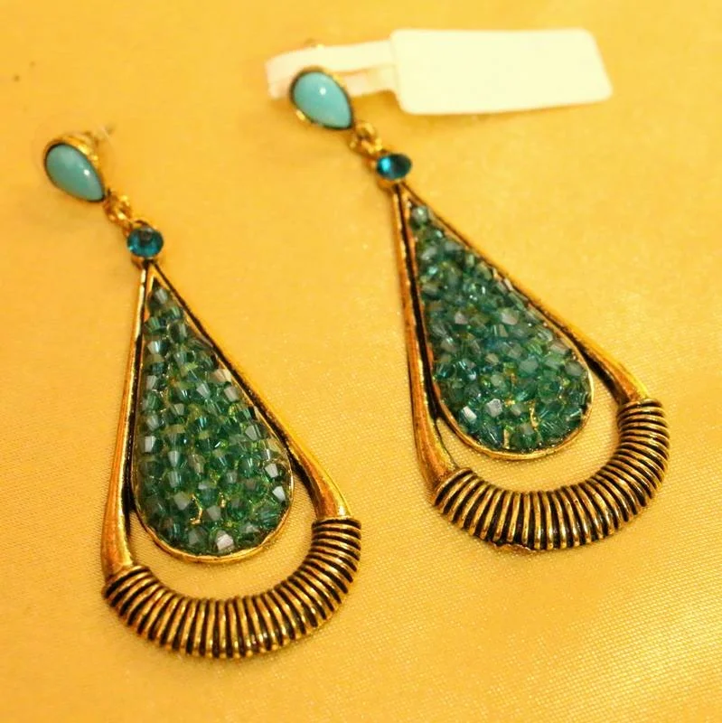 big hoop earrings for women -Turquoise Colour Gold Look Antique Fashion Earrings