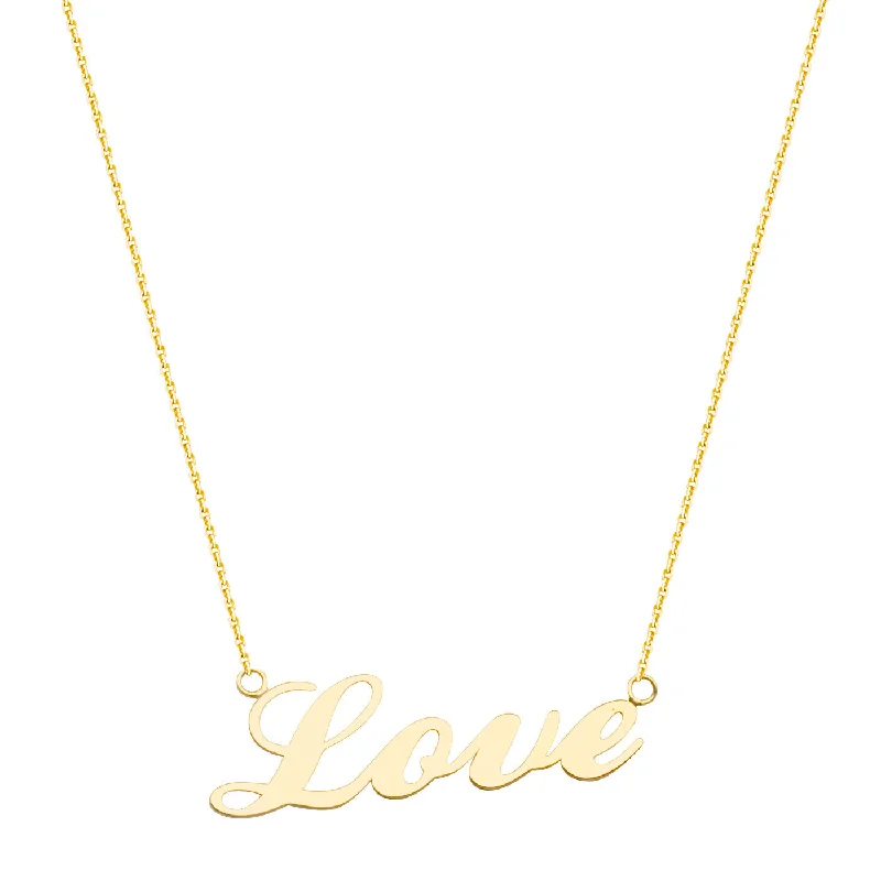 gemstone necklaces for women -14k Yellow Gold Cursive Word Love Necklace East 2 West