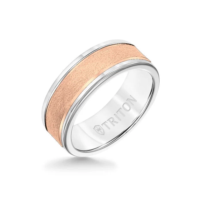 heart rings for women -8MM White Tungsten Carbide Ring - Crystalline 14K Rose Gold Insert with Round Edge