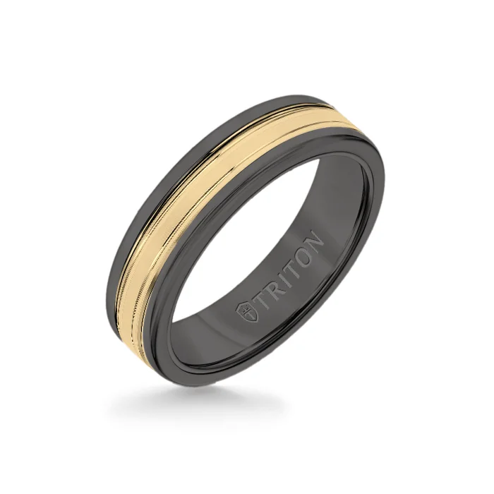 rose gold wedding bands -6MM Black Tungsten Carbide Ring - Double Engraved 14K Yellow Gold Insert with Round Edge