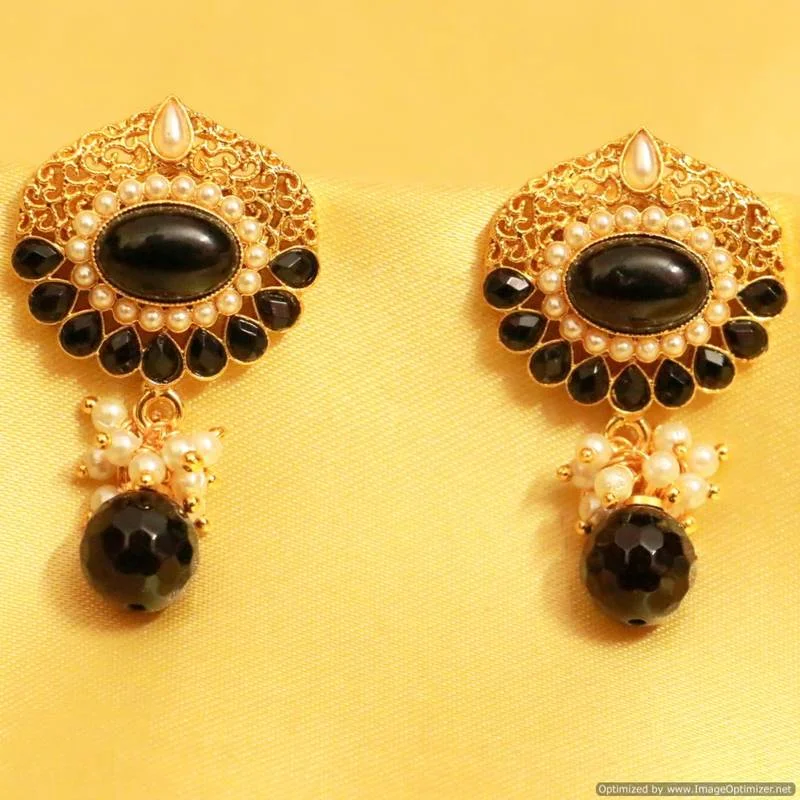 classic gold earrings for women -Black Polki & Pearl Earrings