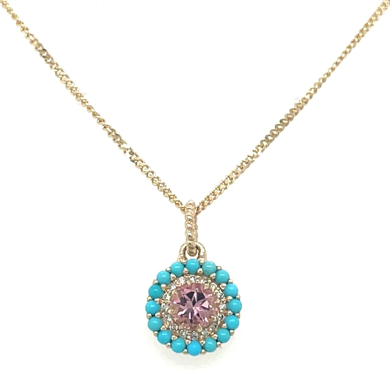 infinity pendant necklaces for women -14ct Yellow Gold Earth Grown Pink Tourmaline, Turquoise and Diamond Round Necklace