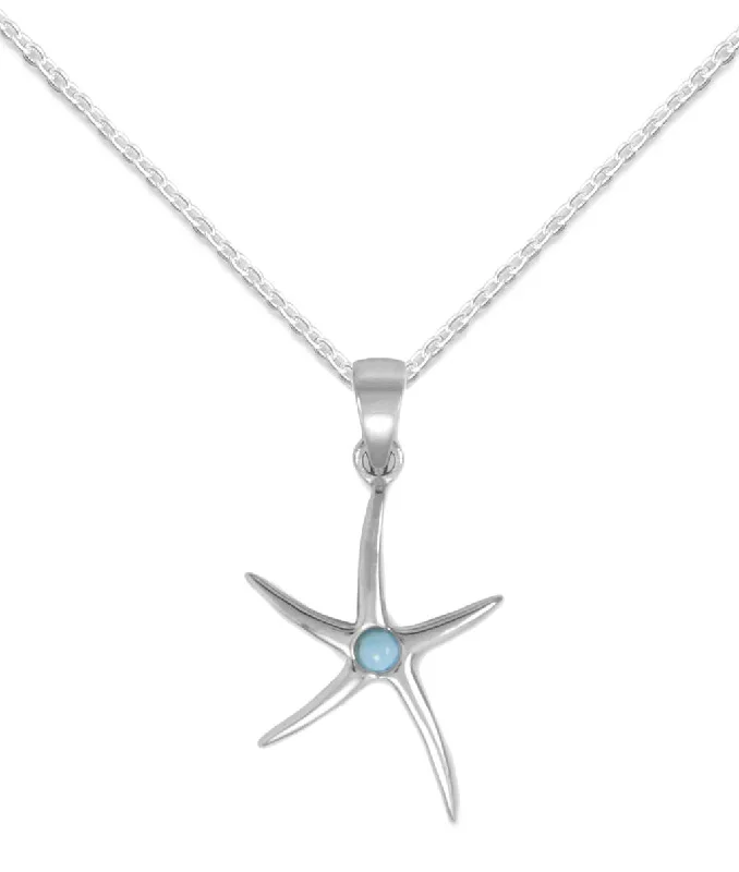 vintage gold necklaces for women -Starfish Necklace with Larimar Center, Rhodium on Sterling Silver, 18-inch