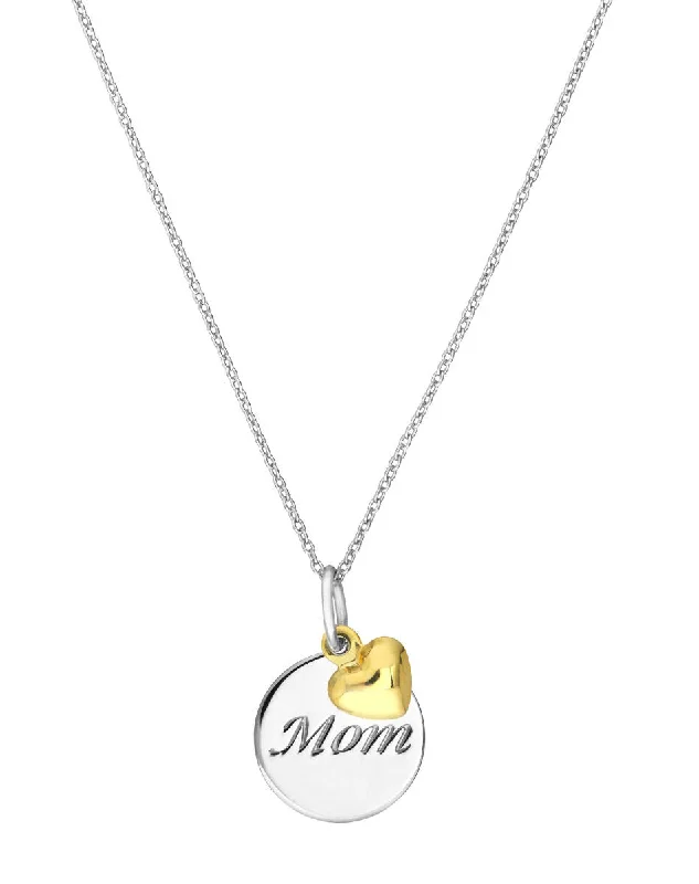 fine jewelry necklaces for women -Engraved Disk Mom Necklace with 14k Gold Heart Charm Sterling Silver