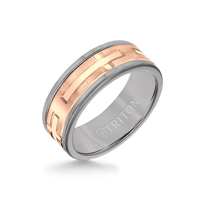 engagement ring sets for women -8MM Grey Tungsten Carbide Ring - Religious 14K Rose Gold Insert with Round Edge