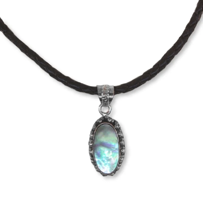 art deco necklaces for women -Braided Black Leather Necklace with Handmade Abalone Shell Pendant