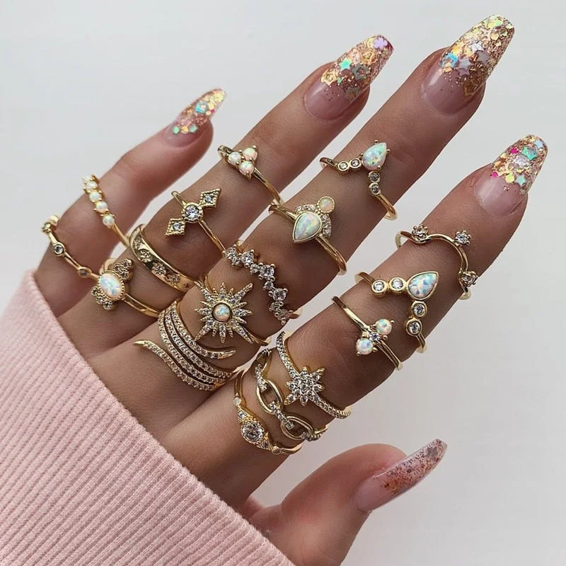 adjustable wedding rings -17 Pc/set Boho Vintage Crystal Opal Ring Set