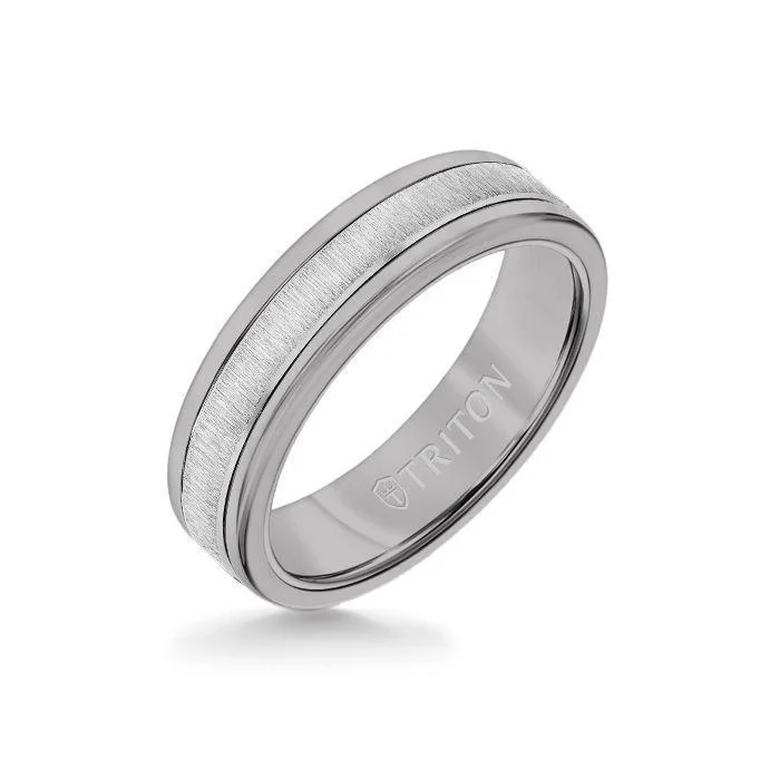 opal rings for women -6MM Grey Tungsten Carbide Ring - Vertical Satin 14K White Gold Insert with Round Edge