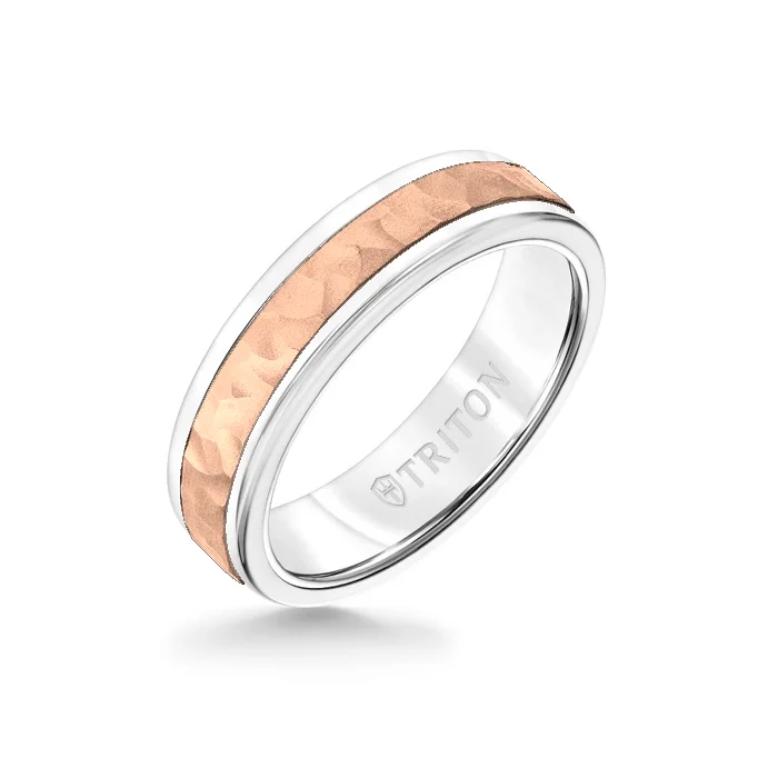 rose gold rings for women -6MM White Tungsten Carbide Ring - Hammered 14K Rose Gold Insert with Round Edge