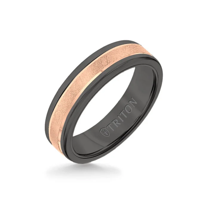 timeless wedding rings -6MM Black Tungsten Carbide Ring - Crystalline 14K Rose Gold Insert with Round Edge