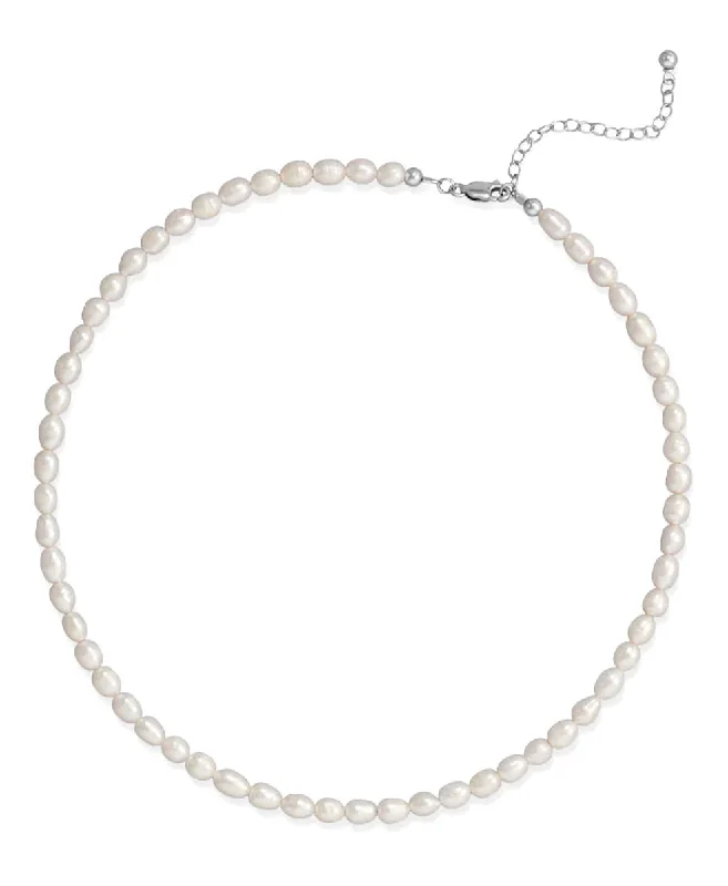 double chain necklaces for women -Sterling Silver Cultured Freshwater Rice Pearl Necklace Adjustable Length