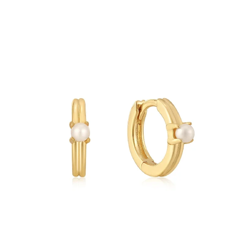 clip-on earrings for women -Ania Haie Gold Pearl Cabochon Huggie Hoop Earrings