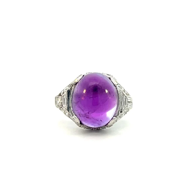 fashion rings for women -Estate Platinum Cabochon Amethyst & Diamond Art Deco Ring