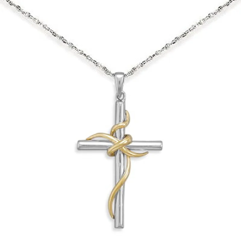 fashion pendant necklaces for women -Cross Pendant with Wrap Design Two Tone Sterling Silver and Gold-plated Necklace