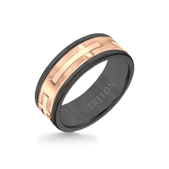 cushion cut rings for women -8MM Black Tungsten Carbide Ring - Religious 14K Rose Gold Insert with Round Edge