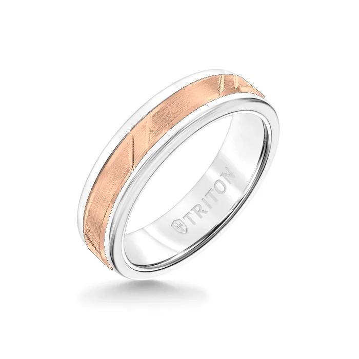 engagement rings for women -6MM White Tungsten Carbide Ring - Bevel Diagonal Cut 14K Rose Gold Insert with Round Edge