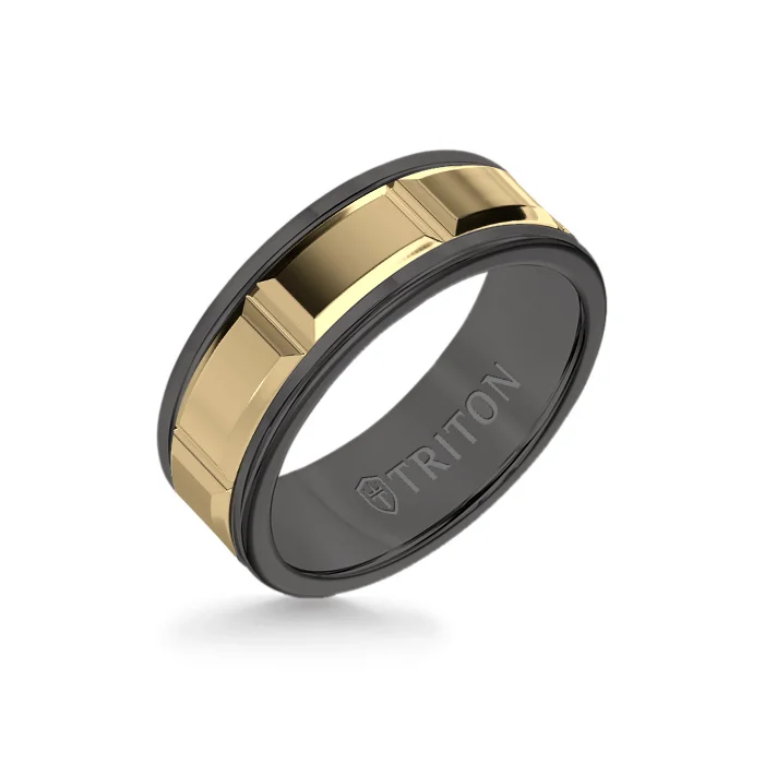 gemstone wedding rings -8MM Black Tungsten Carbide Ring – Beveled Prism 14K Yellow Gold Insert with Round Edge