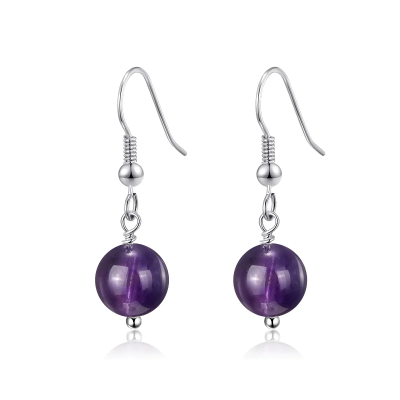 simple hoop earrings for women -Amethyst Gemstone Round Drop Earrings