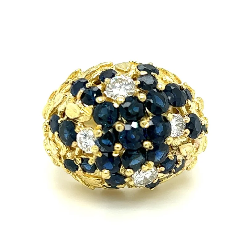 birthstone rings for women -Estate 18K Yellow Gold 2.70ctw Blue Sapphire & Diamond Cluster Flower Ring