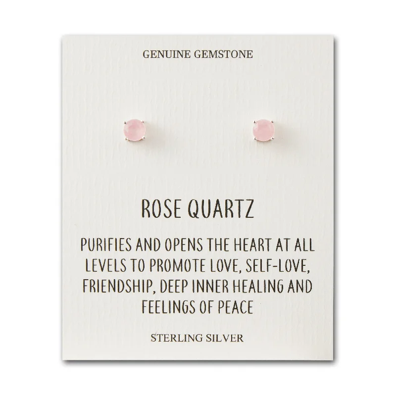 silver earrings for women -Sterling Silver Rose Quartz Gemstone Earrings with Quote Card