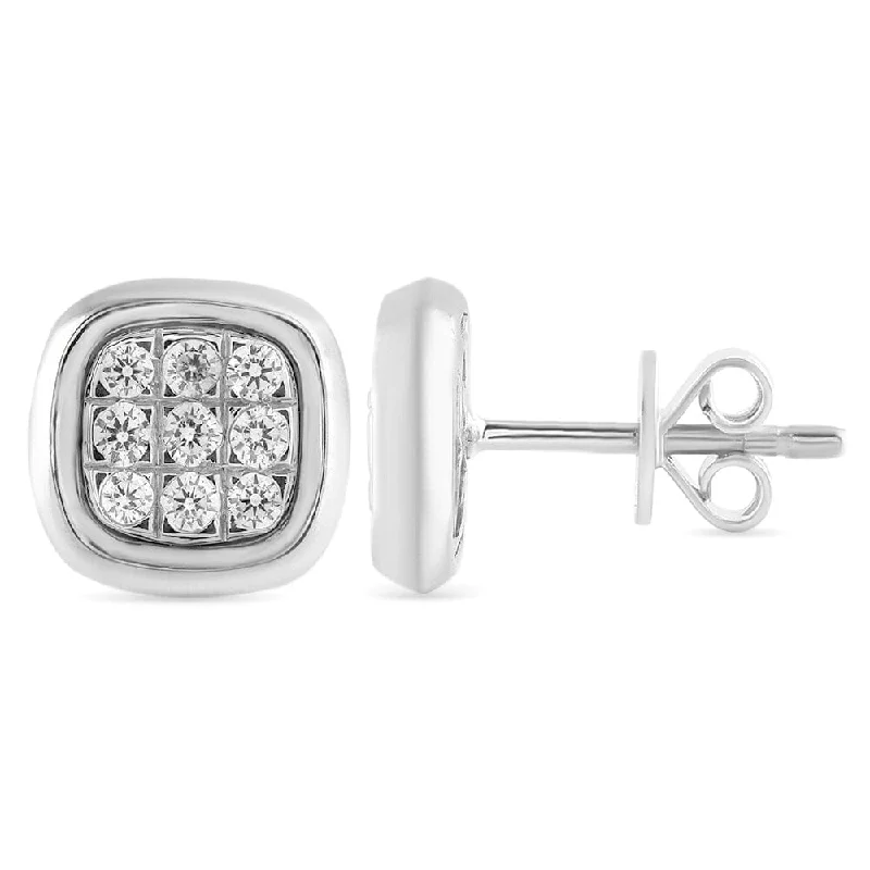 adjustable earrings for women -Bezel Set Cushion Look Stud Earrings with 0.10ct of Diamonds in Sterling Silver